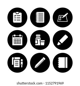 diary icon. 9 diary set with diary product, calendar, checklist on a paper with a pencil and pen vector icons for web and mobile app