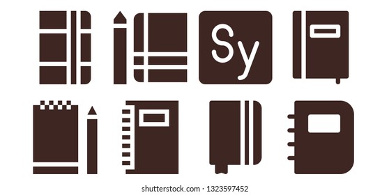 diary icon set. 8 filled diary icons.  Collection Of - Sketchbook, Notebook, Story