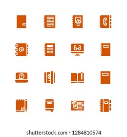 diary icon set. Collection of 16 filled diary icons included Notebook, Diary, Reading mode, Address book, Contact book, Binding