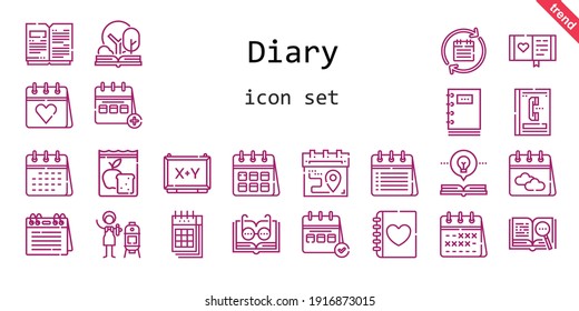 conjunto de iconos del diario. estilo de icono de línea. iconos relacionados con el diario como calendario, comida, diario, agenda telefónica, libro abierto, vertical, tablero, bloc de notas, 