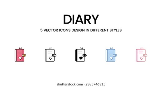 Diary Icons Design in Five style with Editable Stroke. Line, Solid, Flat Line, Duo Tone Color, and Color Gradient Line. Suitable for Web Page, Mobile App, UI, UX and GUI design