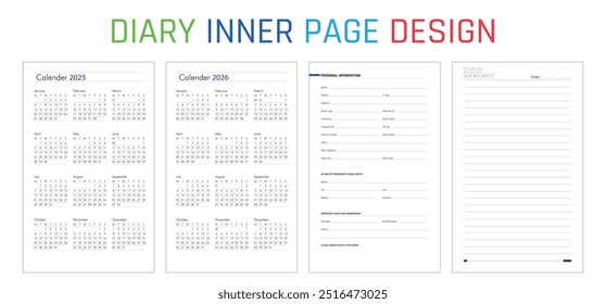 Diary Inner page design Calendar 2025, calendar 2026 week start Monday corporate design planner template