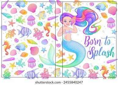 Diary or journal colorful cover vector design with beautiful mermaid and cute sea creatures.