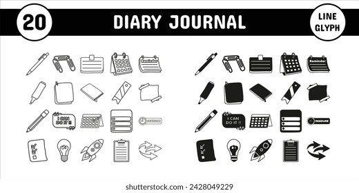 Diary Journal Line Glifo Ilustración de vectores Etiqueta engomada Conjunto de diseño Materiales