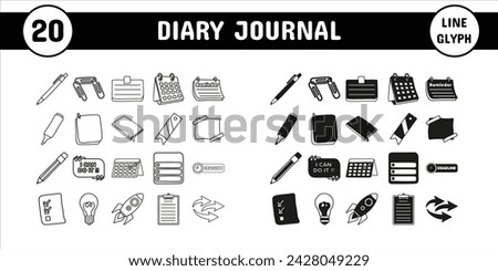 Diary Journal Line Glyph Vector Illustration Icon Sticker Set Design Materials