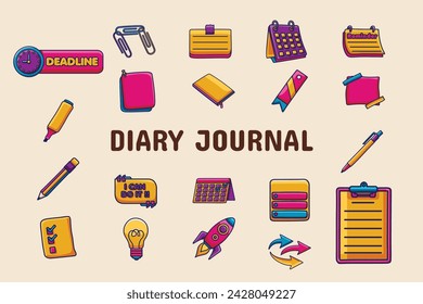 Diary Journal Lineal Color Vector Illustration Icon Sticker Set Design Materials