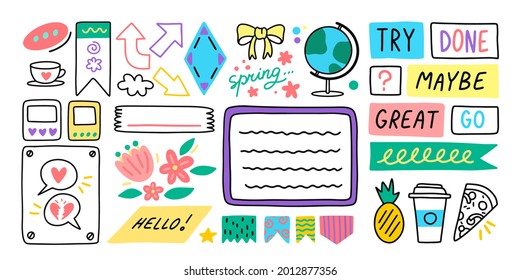 Diary journal school cartoon bullet stickers. Memo stickers. Vector illustration