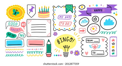 Diary journal school cartoon bullet stickers. Memo stickers. Vector illustration