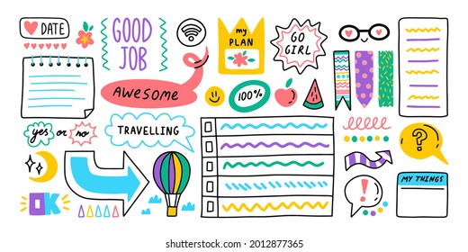 Diary journal school cartoon bullet stickers. Memo stickers. Vector illustration