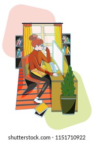 diary lady playing computer in an autumn warm day