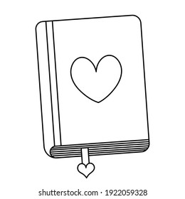 Diary for love notes. Bookmark among sheets. Sketch. Heart on the cover. Closed. Doodle style. A personal notepad for cute thoughts. Hardcover notebook. Love book. Outline on an isolated background.