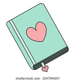 Diary for love notes. Bookmark among sheets. On the cover is a heart. Closed Color vector illustration. Cartoon style. Personal notepad for cute thoughts. Notebook in hardcover. Love book. 