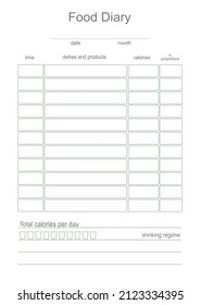 Diary, meal planner for A4 printing. Notepad, separate organizer sheet for daily healthy eating schedule and calorie counting. A template for planning meals and food meals.