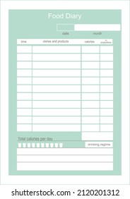Diary, meal planner. Notepad, organizer for healthy eating. Template for planning meals and products.  Vector design for A4 format printing.