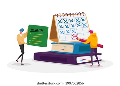Diary, Memo Reminder Concept. Tiny Male Characters Circle Date on Huge Calendar Planning Trip, Fill To Do List, Time Management, Work Organization Life Events Notification. Cartoon Vector Illustration