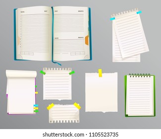 Diary and message notes vector illustration of paper sheets for notes with bookmarks and memo stickers. Isolated set of office or home reminders and business to-do lists