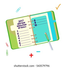 Diary with New Year blank list of resolution. Isolated illustration. Vector EPS 10.  Concept of personal scheduling template.