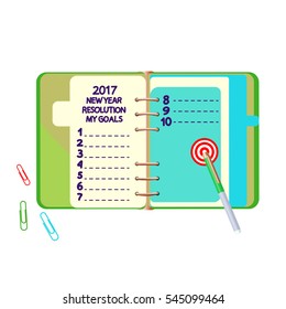 Diary with New Year blank list of resolution. Isolated illustration. Vector EPS 10. Concept of personal scheduling template.