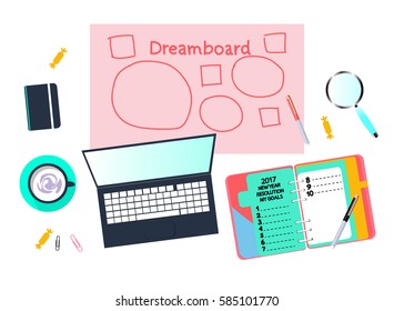 Diary with New Year blank list of resolution. Isolated illustration on white background. Vector EPS 10.  Concept of personal scheduling template. 