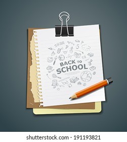 Diary note book with binder clip, drawing back to school background, vector illustration 
