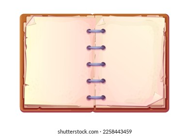 Diary, note book in cartoon style top view isolated on white background. Book with bookmarks and spiral, daily planner.