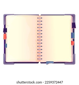 Diary, note book in cartoon style top view isolated on white background. Book with bookmarks and spiral, daily planner.