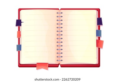 Diary, note book in cartoon style top view isolated on white background. Book with bookmarks and spiral, daily planner.