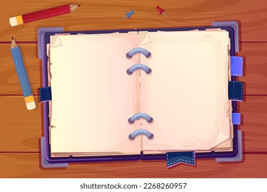 Diary, note book in cartoon style top view on wooden desk background with stationary. Book with bookmarks and spiral, daily planner.