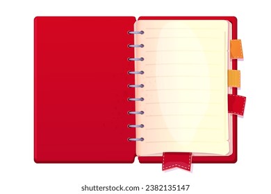 Diary, note book in cartoon style top view isolated on white background. Book with bookmarks and spiral, daily planner.