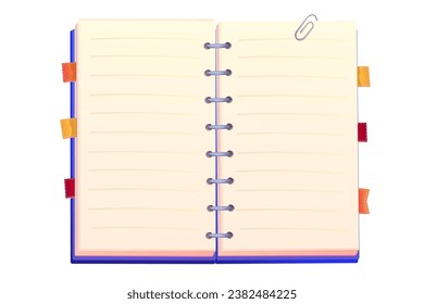 Diary, note book in cartoon style top view isolated on white background. Book with bookmarks and spiral, daily planner.