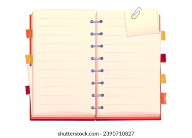 Diary, note book in cartoon style top view isolated on white background. Book with bookmarks and spiral, daily planner.