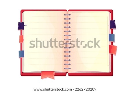 Diary, note book in cartoon style top view isolated on white background. Book with bookmarks and spiral, daily planner.