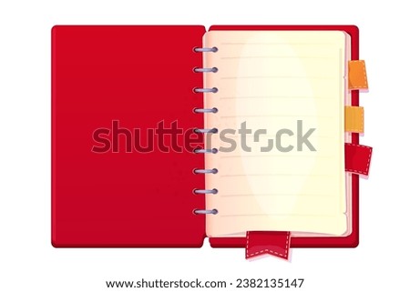 Diary, note book in cartoon style top view isolated on white background. Book with bookmarks and spiral, daily planner.