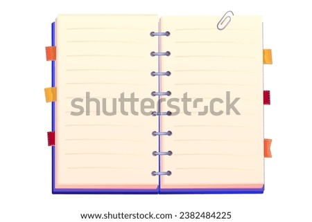 Diary, note book in cartoon style top view isolated on white background. Book with bookmarks and spiral, daily planner.