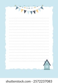 Diary note page template with house and flags in blue color