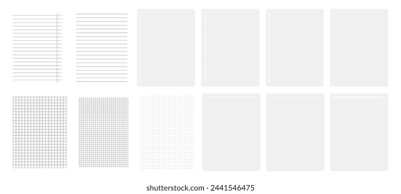 Páginas en blanco de diario o cuaderno con líneas, cuadrícula y puntos. Hojas aisladas vectoriales con agujeros de encuadernación en el lado o la parte superior. Bloc de notas u organizador de notas, maqueta con espacio de copia. Material de oficina y escolar