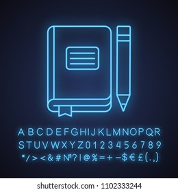 Diary notebook neon light icon. School journal with bookmark and pencil. Glowing sign with alphabet, numbers and symbols. Vector isolated illustration