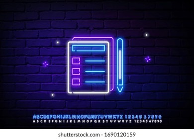 Tagebuch Notebook Neon-Symbol. Schulzeitschrift mit Lesezeichen und Bleistift. Leuchtendes Zeichen mit Alphabet, Zahlen und Symbolen. Vektorillustration einzeln