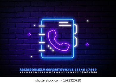 Diary notebook neon light icon. Telephone directory. A glowing sign with the alphabet, numbers, and symbols. Vector isolated illustration