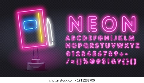 Diary notebook with pen neon light icon. School journal with bookmark and pencil. Glowing sign with alphabet, numbers and symbols.