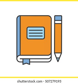 Diary notebook with pencil color icon. School journal with bookmark. Isolated vector illustration