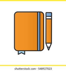 Diary notebook with pencil color icon. Notepad with bookmark. Isolated vector illustration