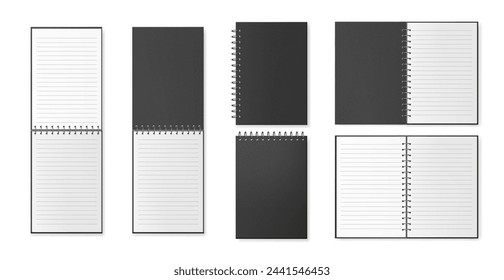 Diary or notebooks with open pages and covers. Vector isolated realistic sketchbooks or pocketbooks, memo sheet with lines for writing or taking notes. Organizer, school or office supplies mockup