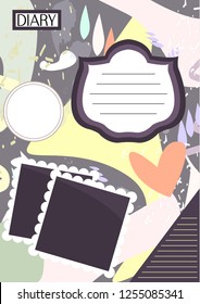 Diary page. Cute notepage design for girls. Frames and notes. Abstract background.