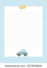 diary page template with crown and children's toy car