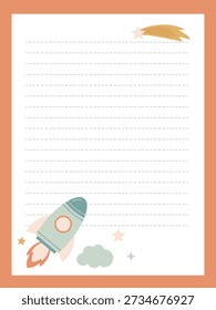 Diary page template with a cute rocket, clouds, and stars