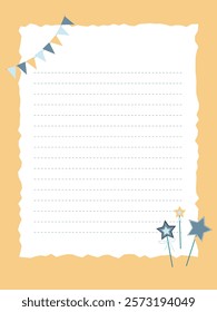 diary page template with magic wands and garlands of flags