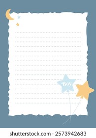 diary page template with moon, stars and balloons for boy