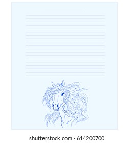 Diary page template. Notepad page. A horse with flowers in the mane. Diary page. Drawing a horse.