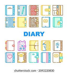 Diary Paper Stationery Accessory Icons Set Vector. Diary With Pen And Crocodile Skin Cover For Writing And Drawing, With Fingerprint Scanner And Password Lock Line. Color Illustrations